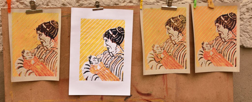 Linolschnitt „Mutter“ als Mehrfarbdruck