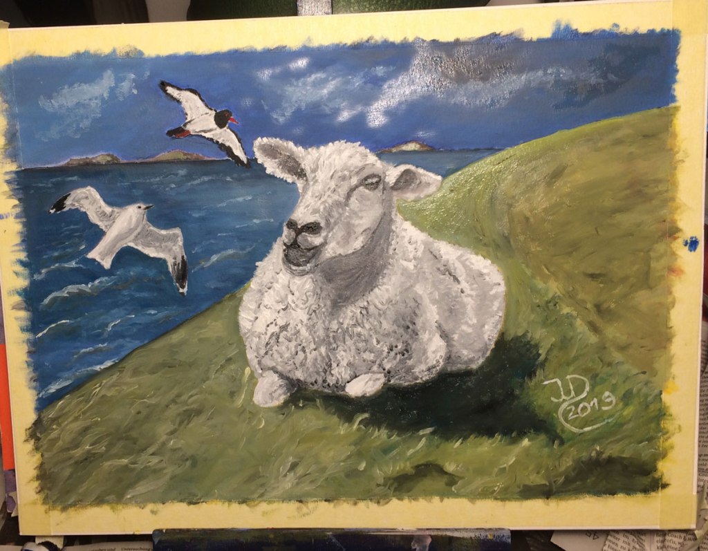 Ölgemälde in Arbeit: Schaf auf dem&nbsp;Deich