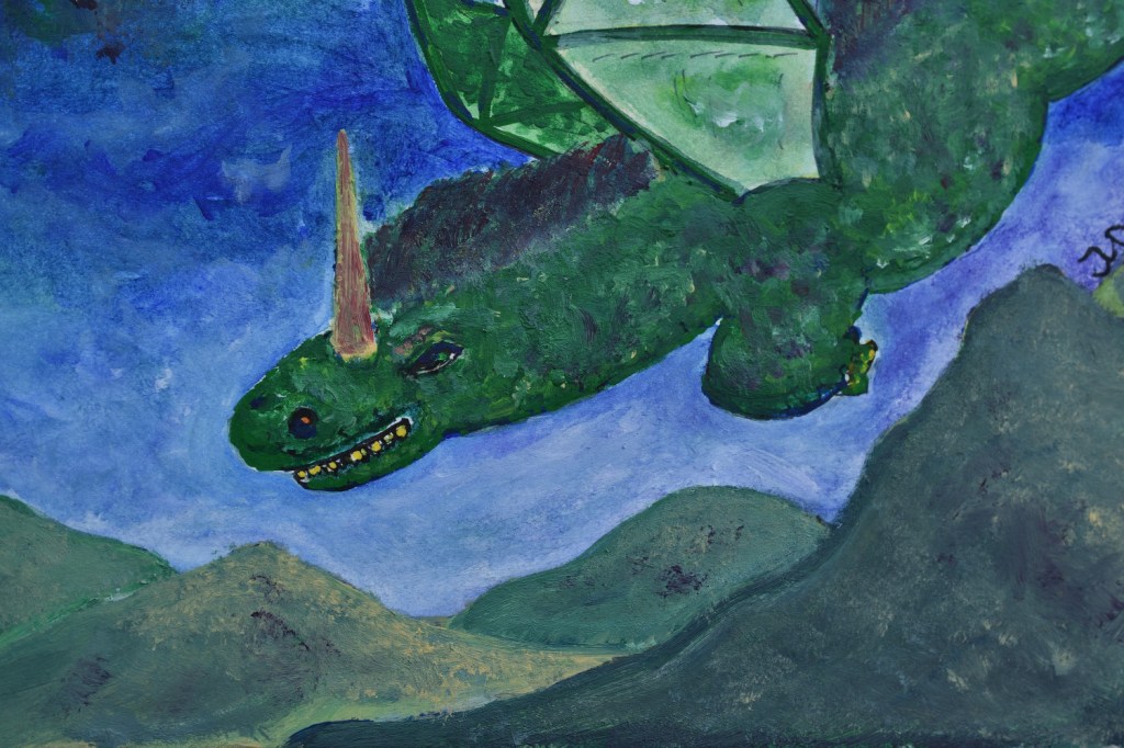 Gouache und Acryl. Grüner Einhorndrache