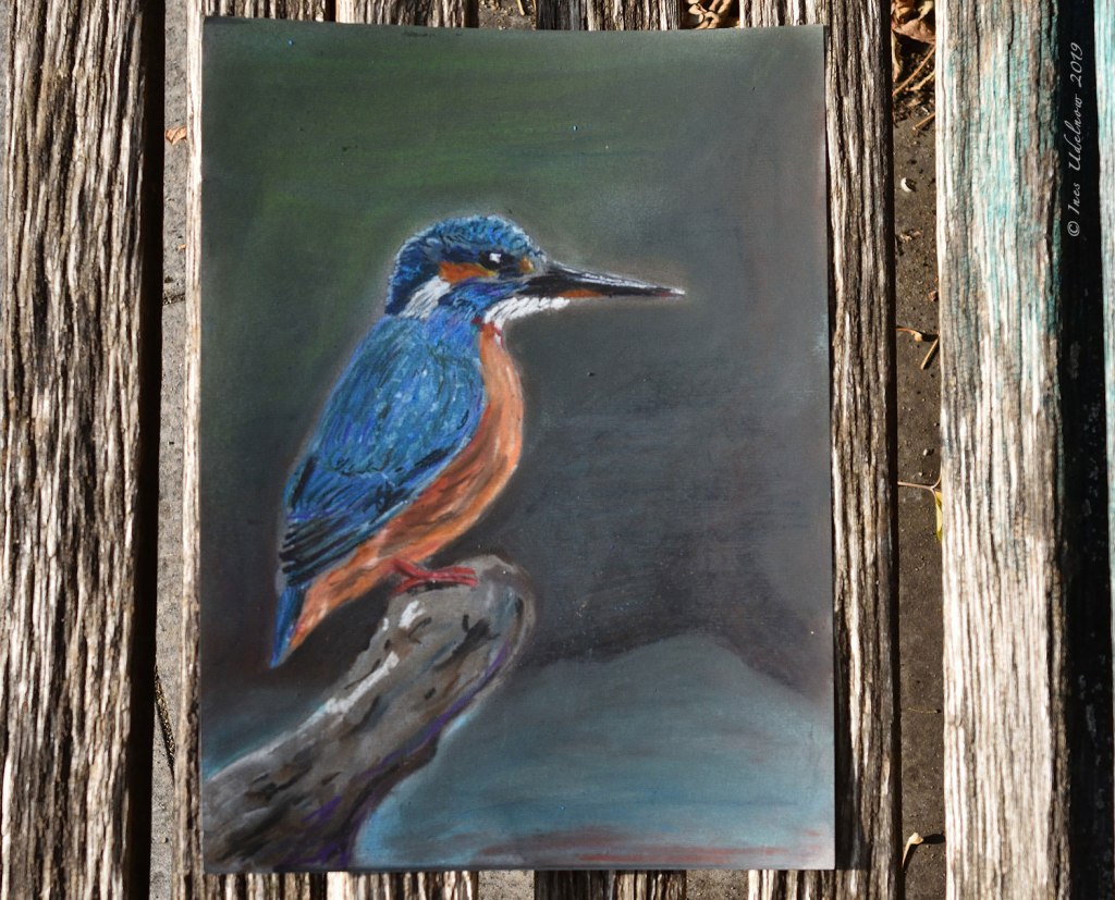 Schreibtischwiedereinweihung mit Eisvogel-Zeichnung