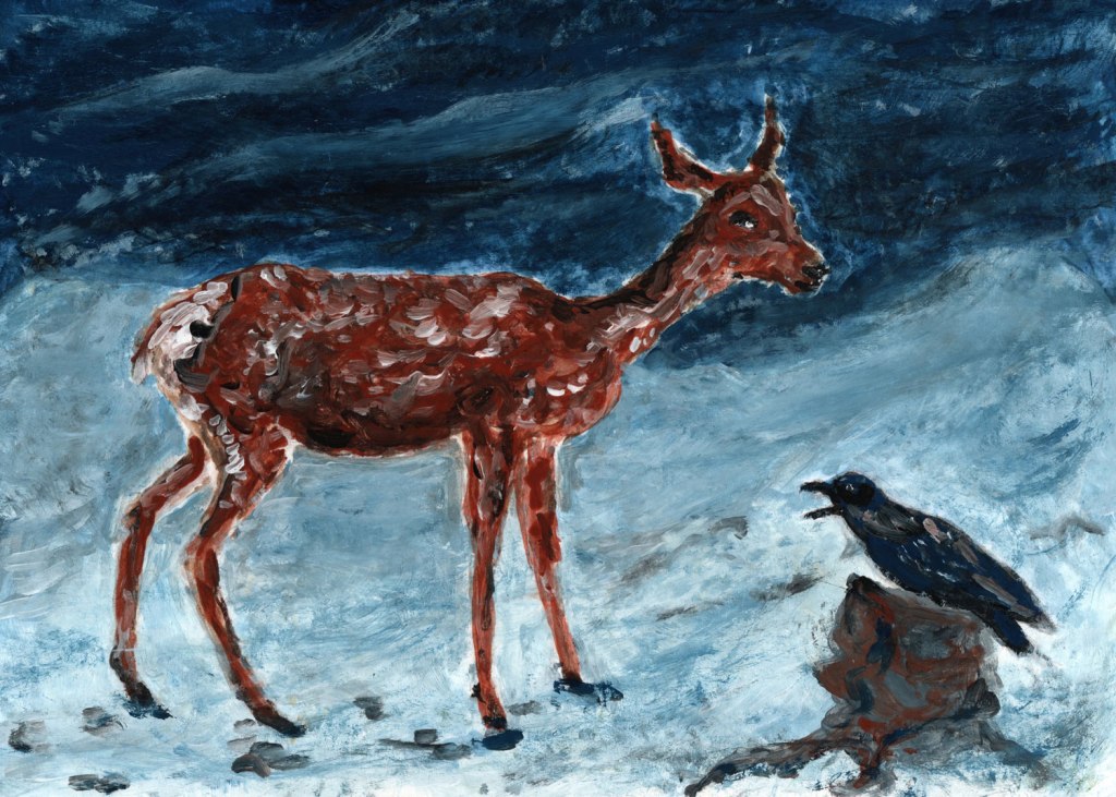 Winterlandschaft mit Reh und Rabe