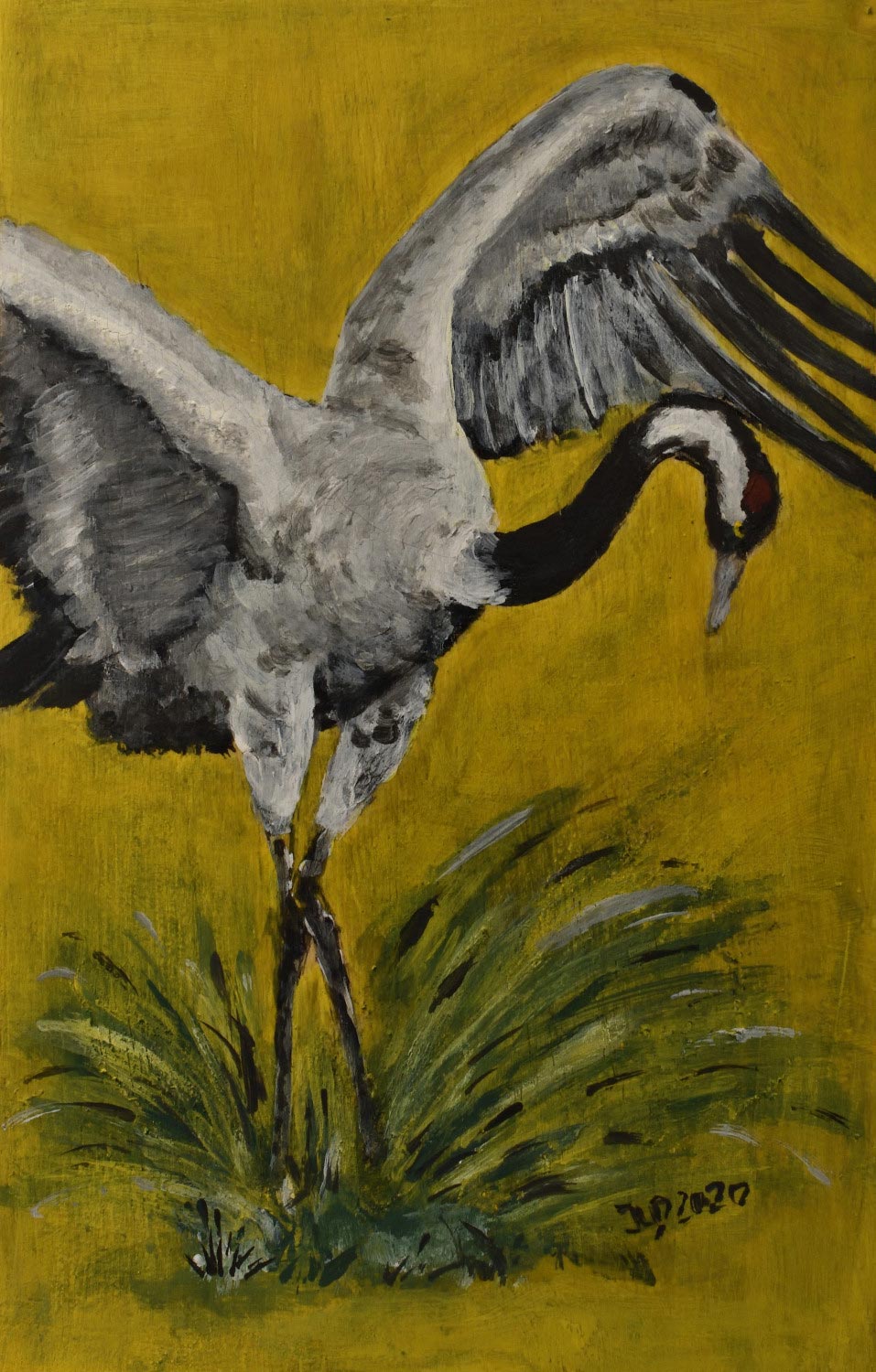 1000 Kraniche. Kranich auf Zigarrenkistenbrettchen