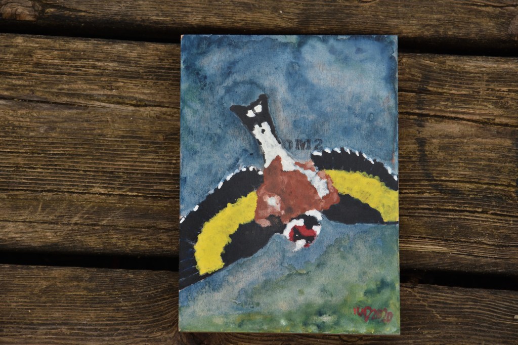 Kunst auf Zigarrenkistenbrettchen. Distelfink