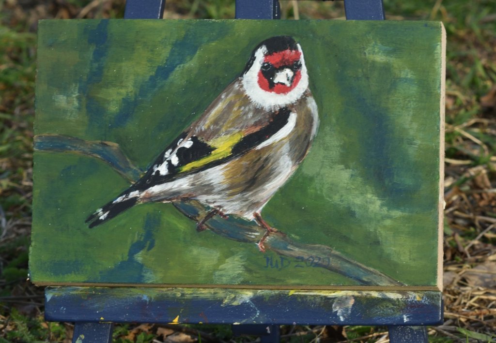 Kunst auf Zigarrenkistenbrettchen. Ein weiterer&nbsp;Distelfink