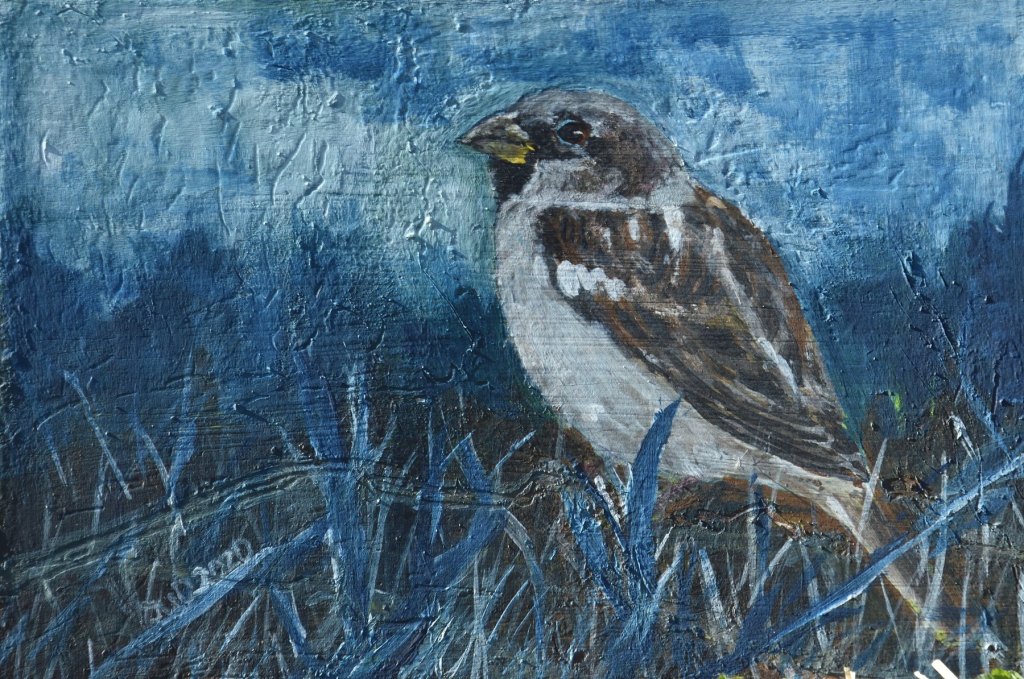 Kunst auf Zigarrenkistenbrettchen. Haussperling