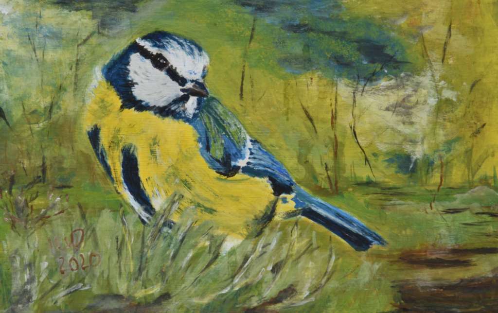 Kunst auf Zigarrenkistenbrettchen. Blaumeise