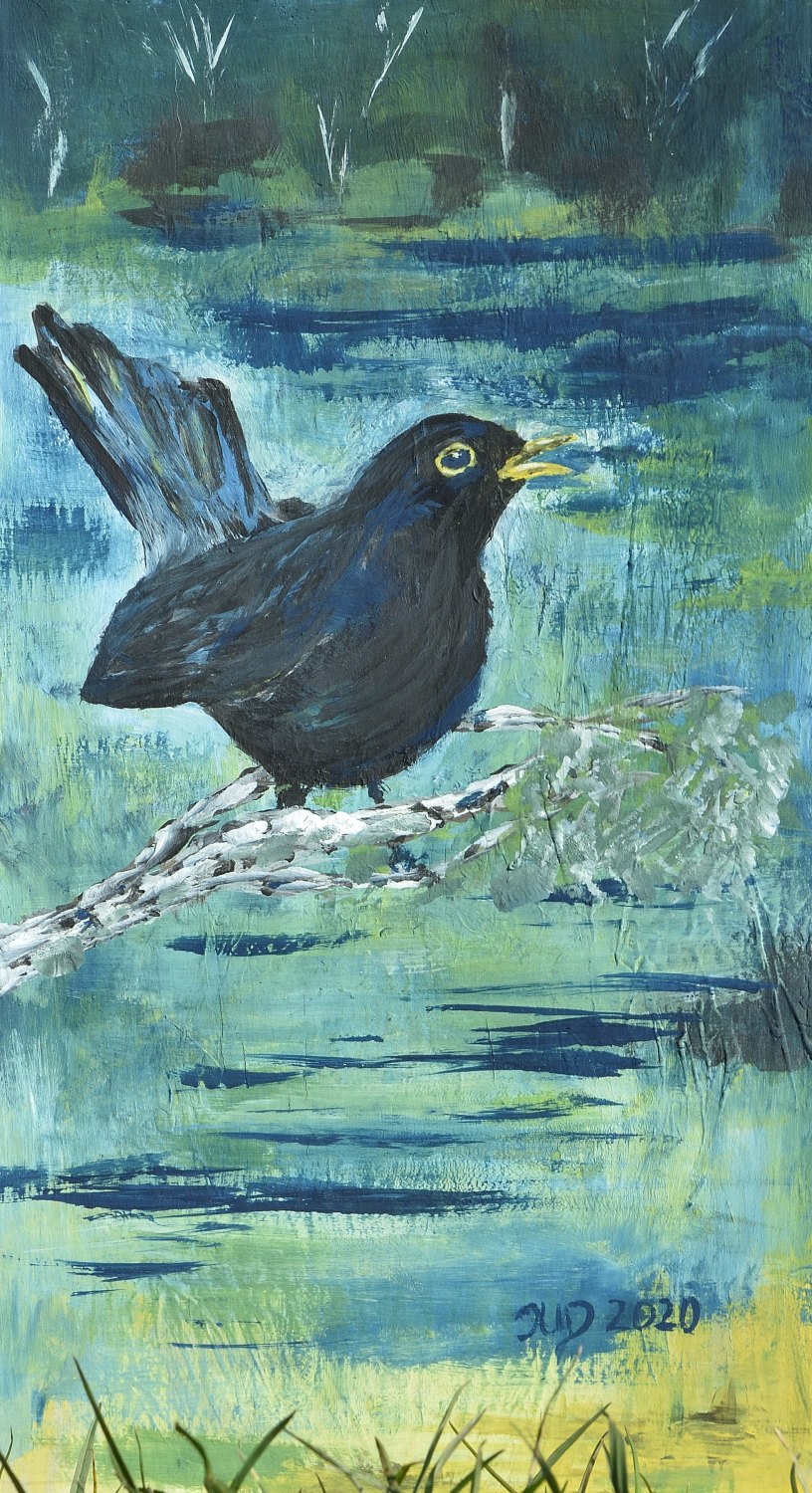 Kunst auf Zigarrenkistenbrettchen. Noch eine&nbsp;Amsel