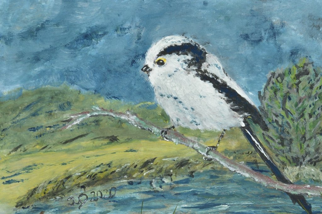 Kunst auf Zigarrenkistenbrettchen. Schwanzmeise