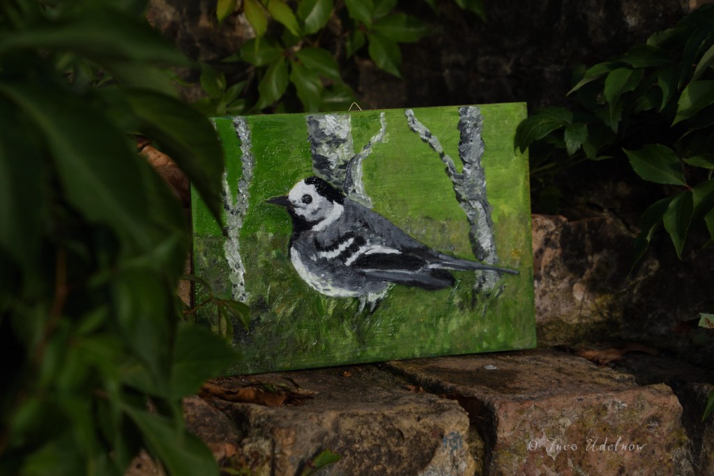 Kunst auf Zigarrenkistenbrettchen. Bachstelze