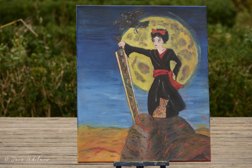 Gouache auf Leinwand. Kleine große Heldin mit Katze und&nbsp;Rabe