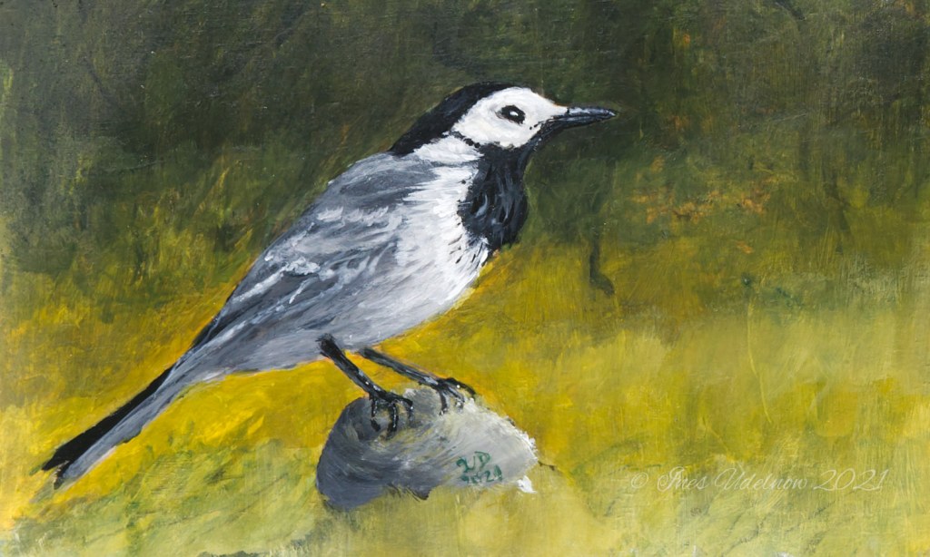 Kunst auf Zigarrenkistenbrettchen. Bachstelze