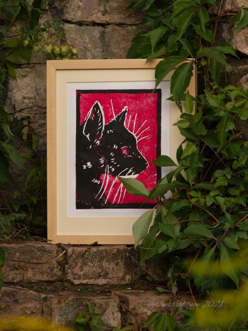 Linolschnitt. Schwarze Katze – rot und&nbsp;grün