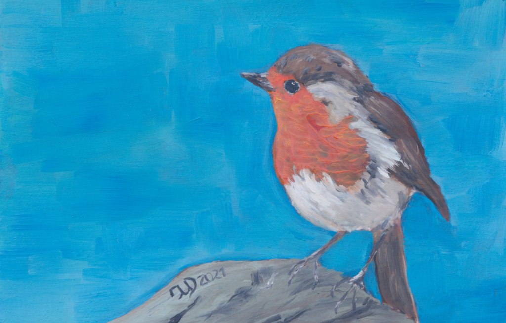 Kunst auf Zigarrenkistenbrettchen. Rotkehlchen (2)