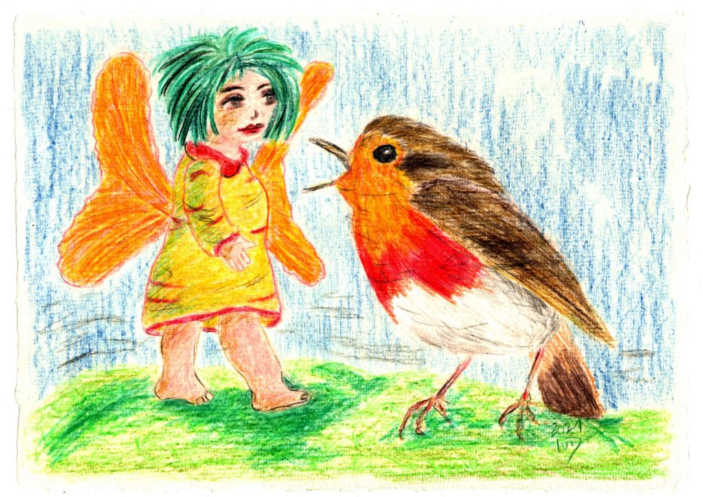 Buntstiftzeichnung. Koboldina und&nbsp;Rotkehlchen