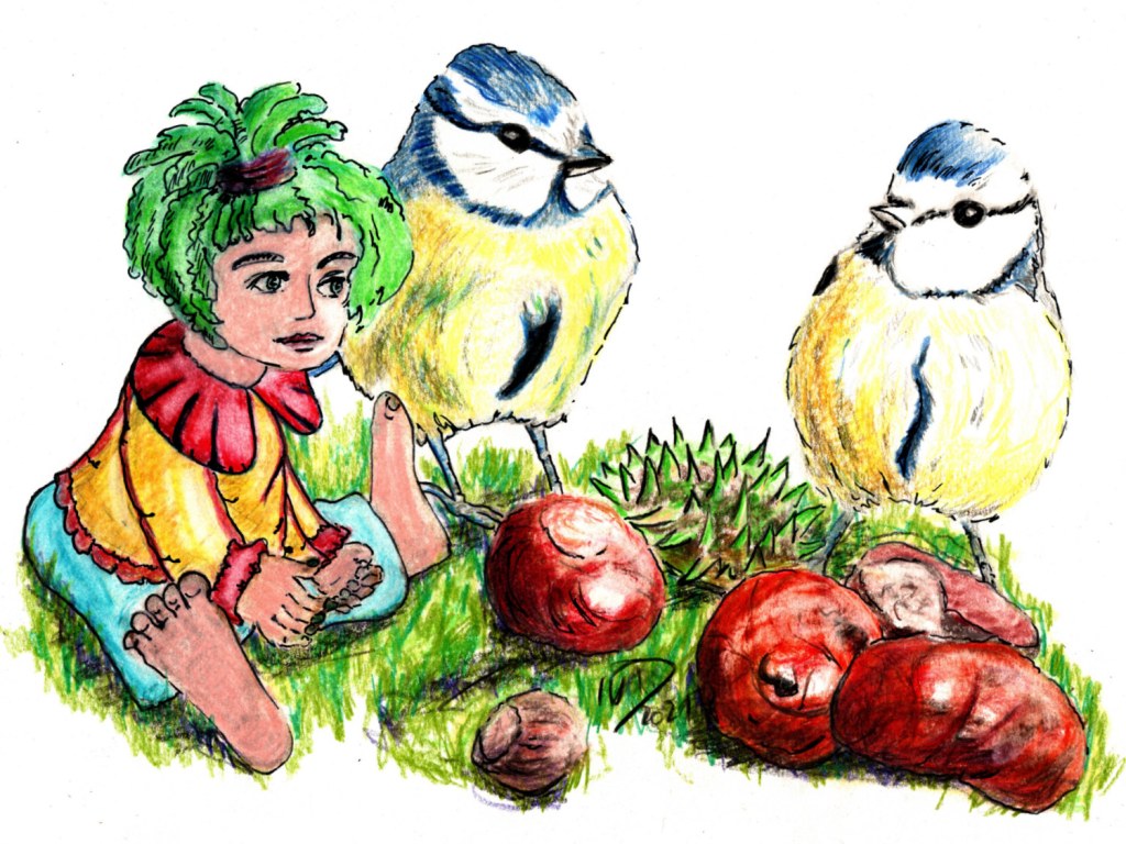 Zeichnung. Koboldina unterm Kastanienbaum