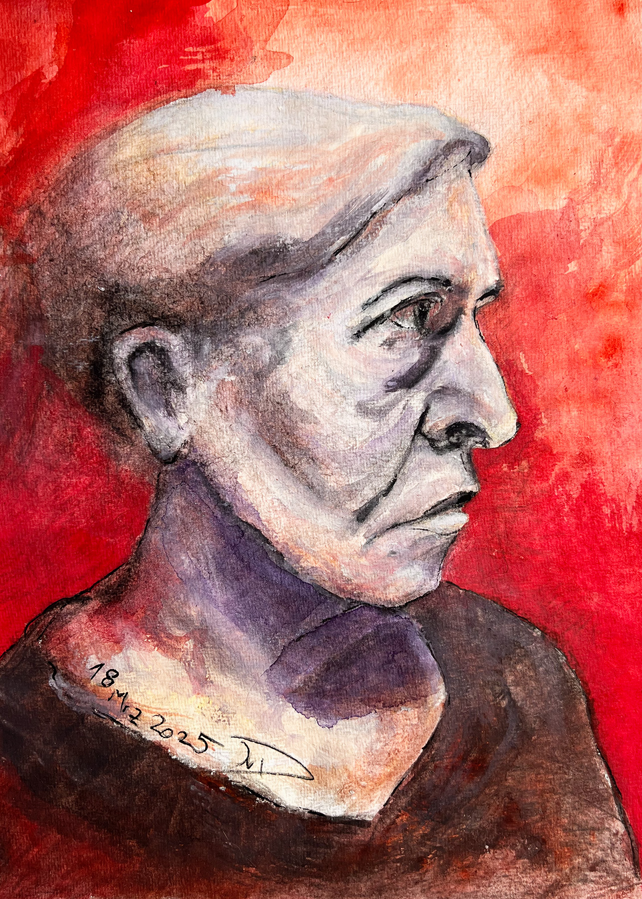 Selbstportrait im März 2025. Mixed Technik, 18.03.2025. Papier im A4-Format