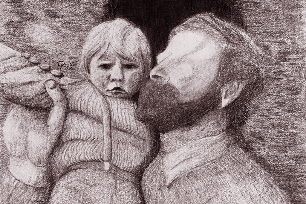 Bleistiftzeichnung von Ines Udelnow, A3-Format, zeigt ein Kind auf dem Arm eines Mannes. Thema: emotionale Distanz zwischen Vater und Kind.